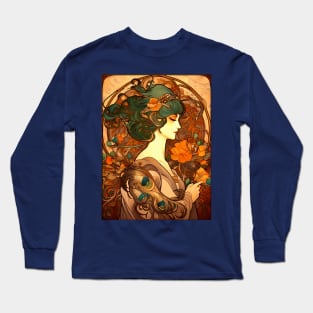 Alphonse Mucha Inspired Art Nouveau Peacock Lady Long Sleeve T-Shirt